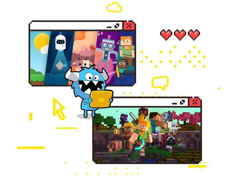 Key visual da campanha: janelas em pixel art com cenas dos cursos e o mascote azul segurando um tablet amarelo